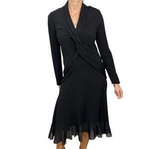 Vtg NWT Tristan & Iseut black wool blend stretchy ruffle hem midi dress XL
